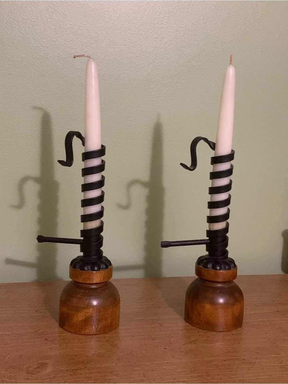 Vintage Wood and Wrought Iron Courting Candles - Pair Set of 2.